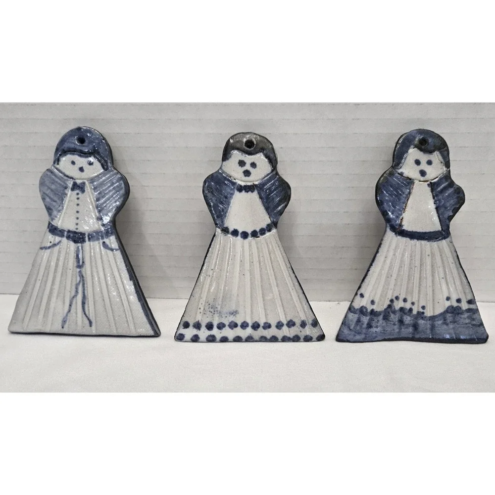 Vintage Blue & White Ceramic Wall Plaques - Set of 3 Folk Art Girl Ornaments 4